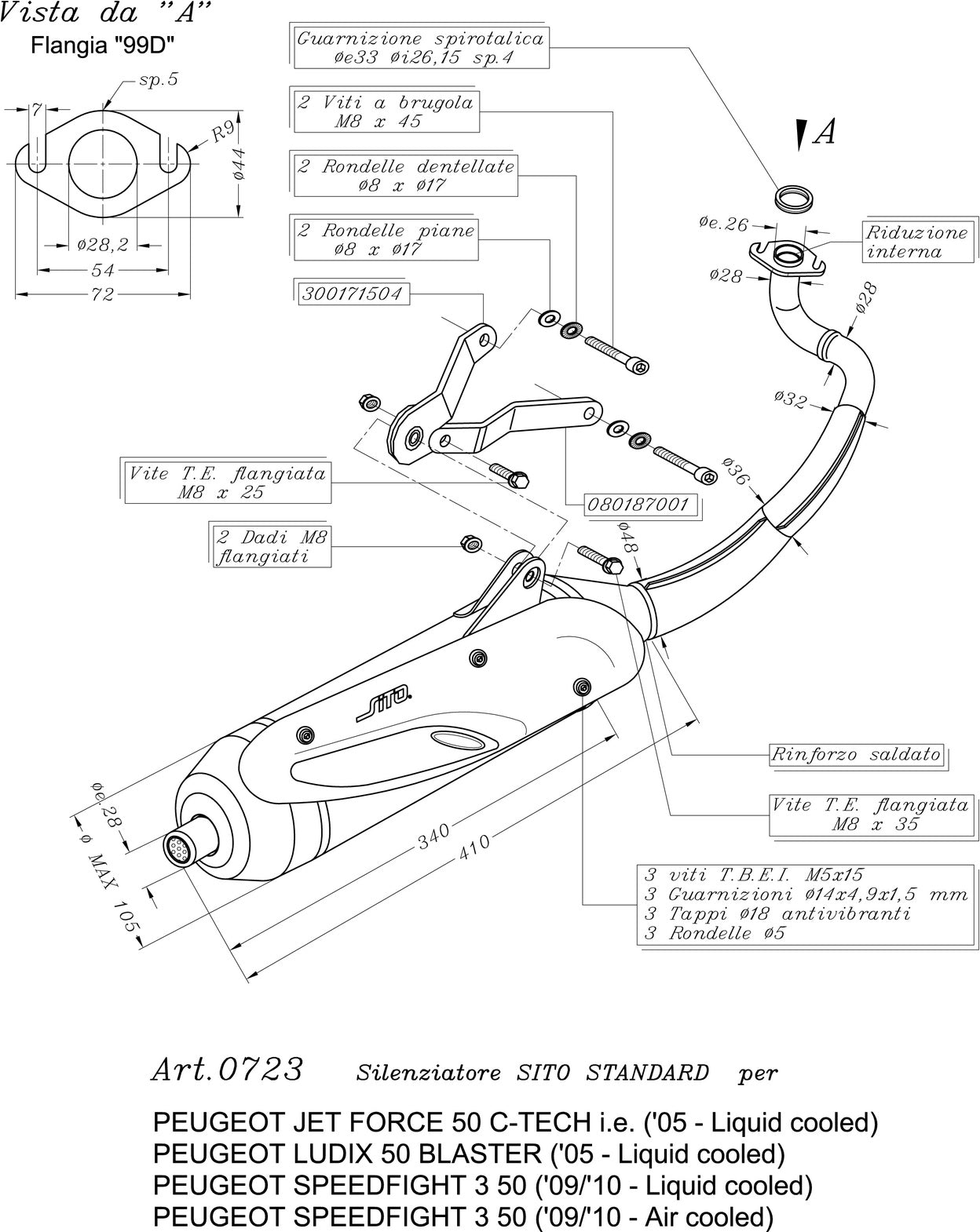 Complete Catalytic Exhaust System With Sound Certification Sito Stainless Steel - Leovince Compatible With Peugeot Speedfight 3 50 Liquid (2009-2011)