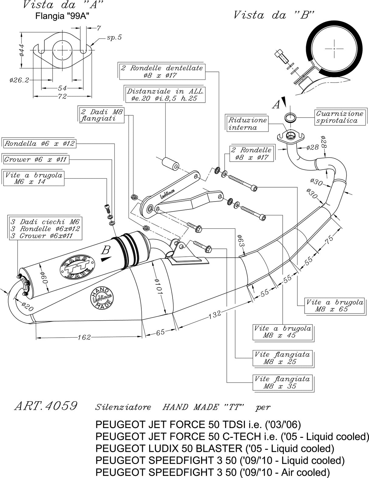Complete Catalytic Exhaust System With Sound Certification Hand Made Tt Black Aluminum - Leovince Compatible With Peugeot Ludix Blaster 50 Liquid (2005)
