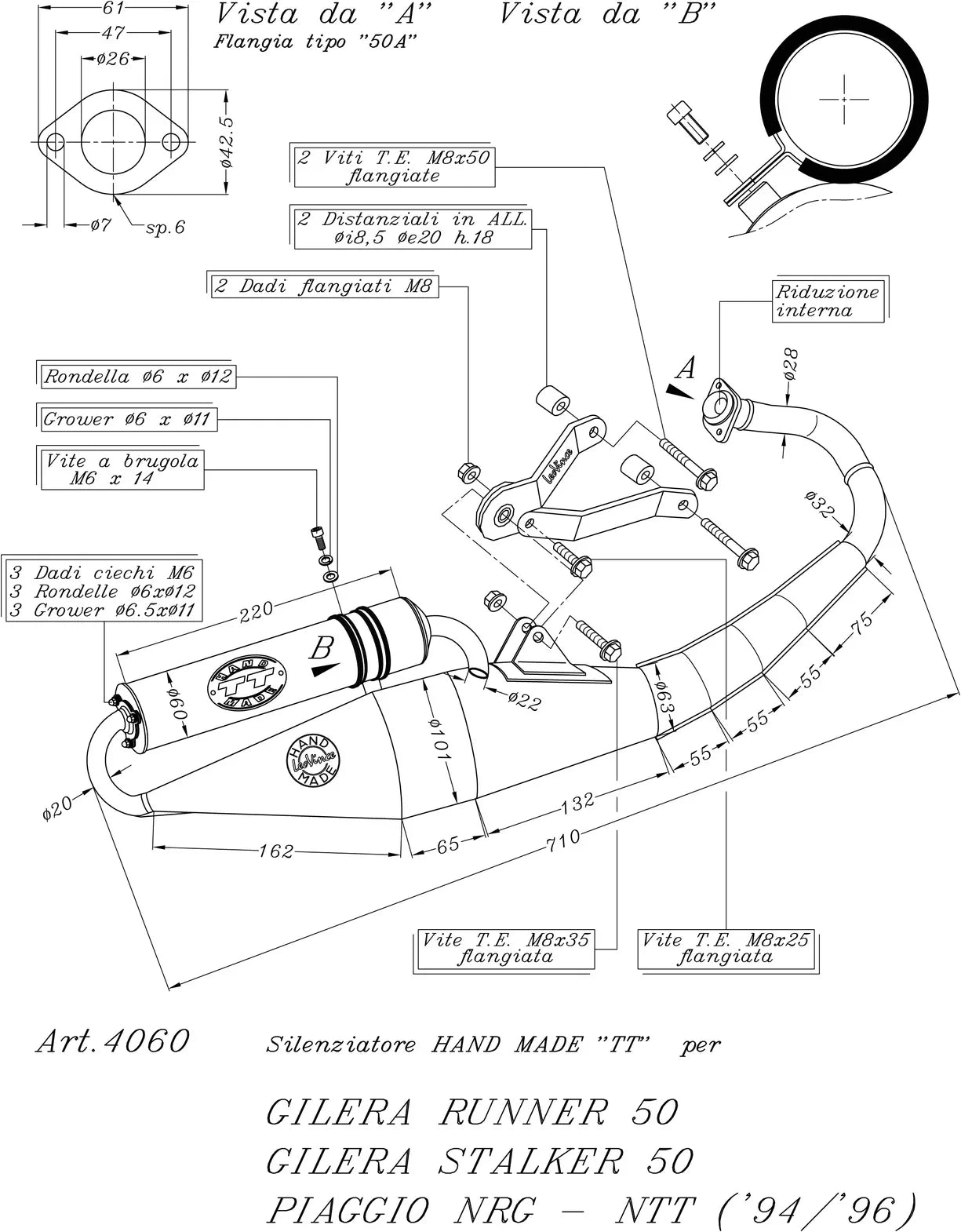 Complete Catalytic Exhaust System With Sound Certification Hand Made Tt Black Aluminum - Leovince Compatible With Gilera Runner 50
