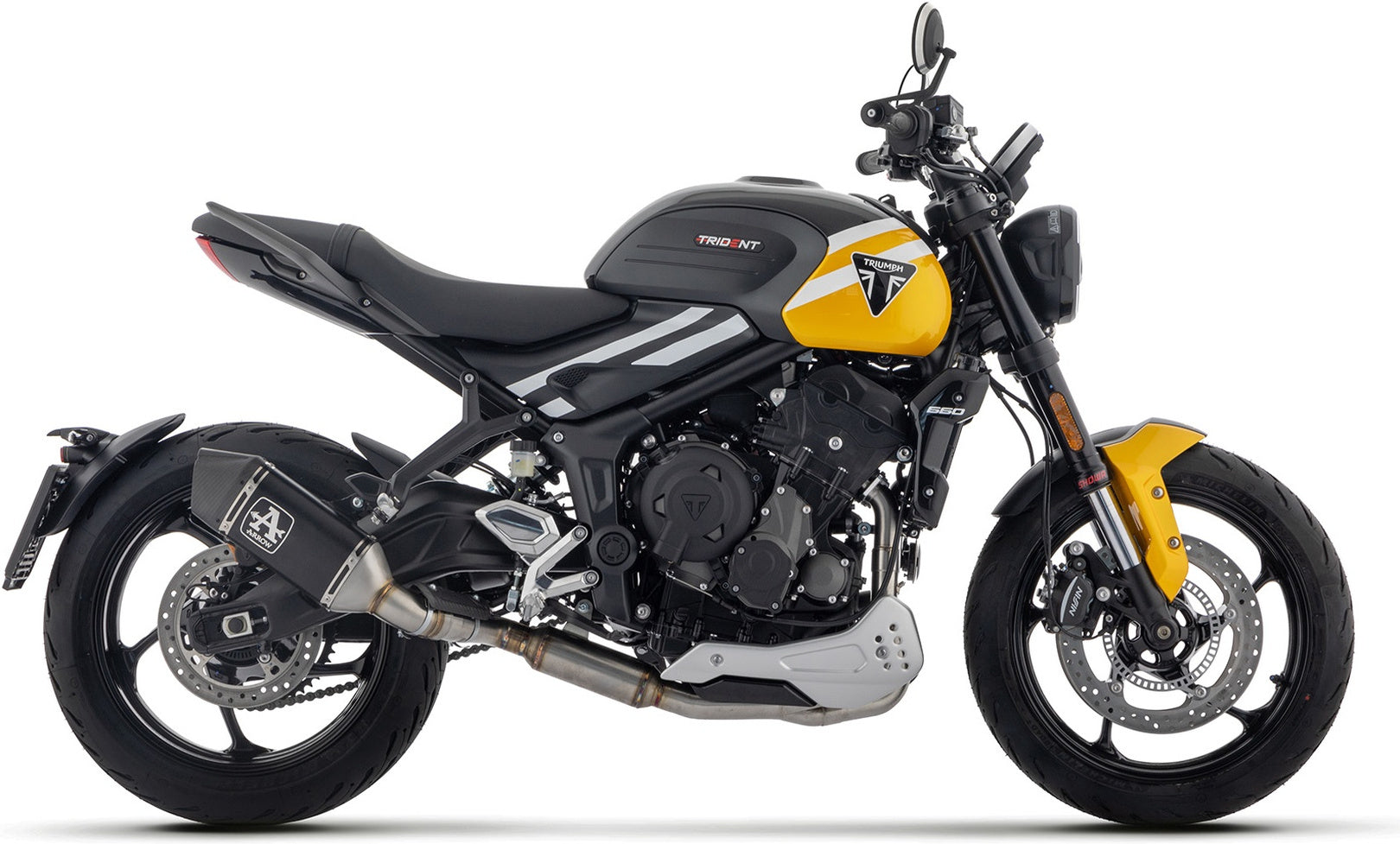 Complete Catalytic Exhaust System With Sound Certification Veloce Black Aluminium Carby End Cap - Arrow Special Parts Compatible With Triumph 660 Trident (2025-2026)