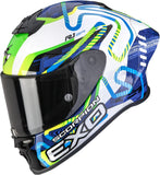 Full-Face Motorcycle Helmet Scorpion Exo Exo-R1 Evo Ii Air Ultra Tct White Blue Green Cornering Size Xl