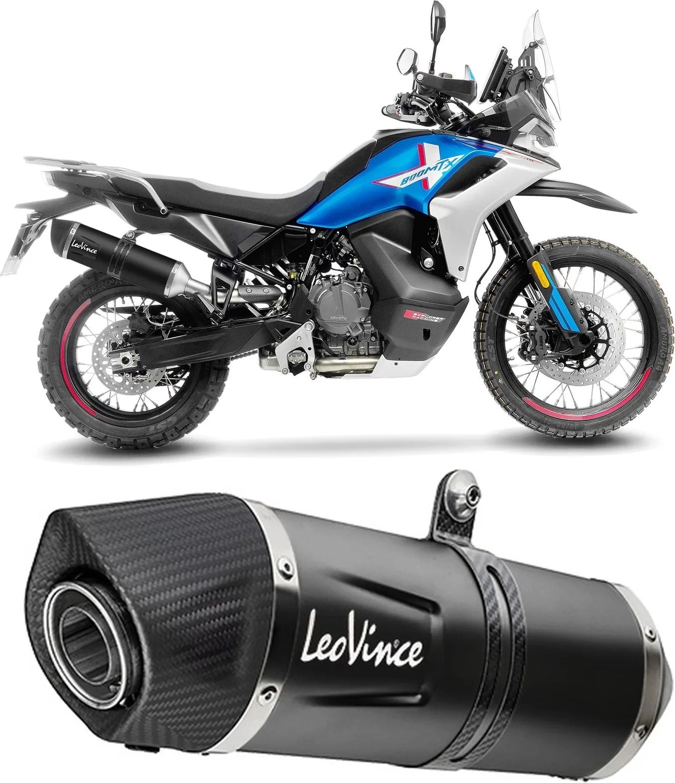 Exhaust Tip Without Sound Certification Lv One Evo Steel Black Carbon Fiber End Cap - Leovince Compatible With Cfmoto 800 Mt-X (2025-2026)