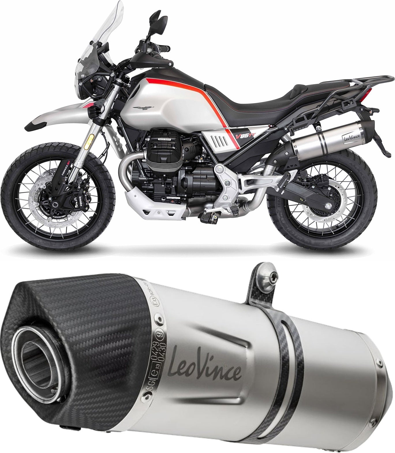 Exhaust Tip Without Sound Certification Lv One Evo Stainless Steel Carbon Fiber End Cap - Leovince Compatible With Moto Guzzi V85 Tt (2024-2026)