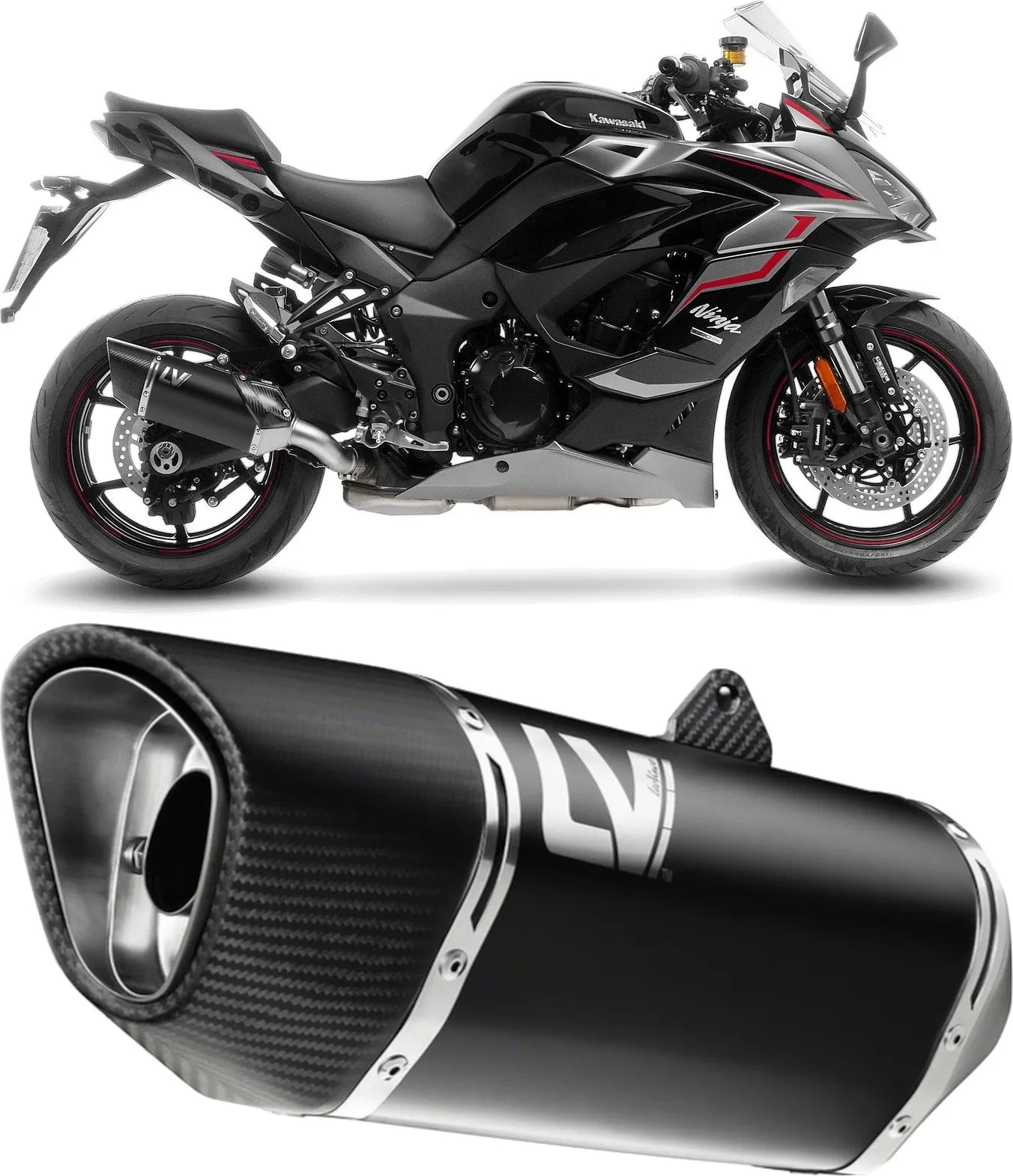 Exhaust Tip Without Sound Certification Lv-14 R Steel Black Carbon Fiber End Cap - Leovince Compatible With Kawasaki Ninja 1100 Sx Tourer (2025-2026)