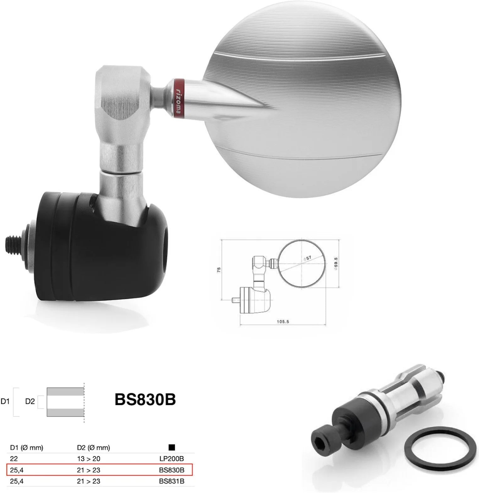 Mirror End Mount Right Universal Ø24,5(21>23) Spy-R Ø57 - Rizoma Compatible With Kawasaki