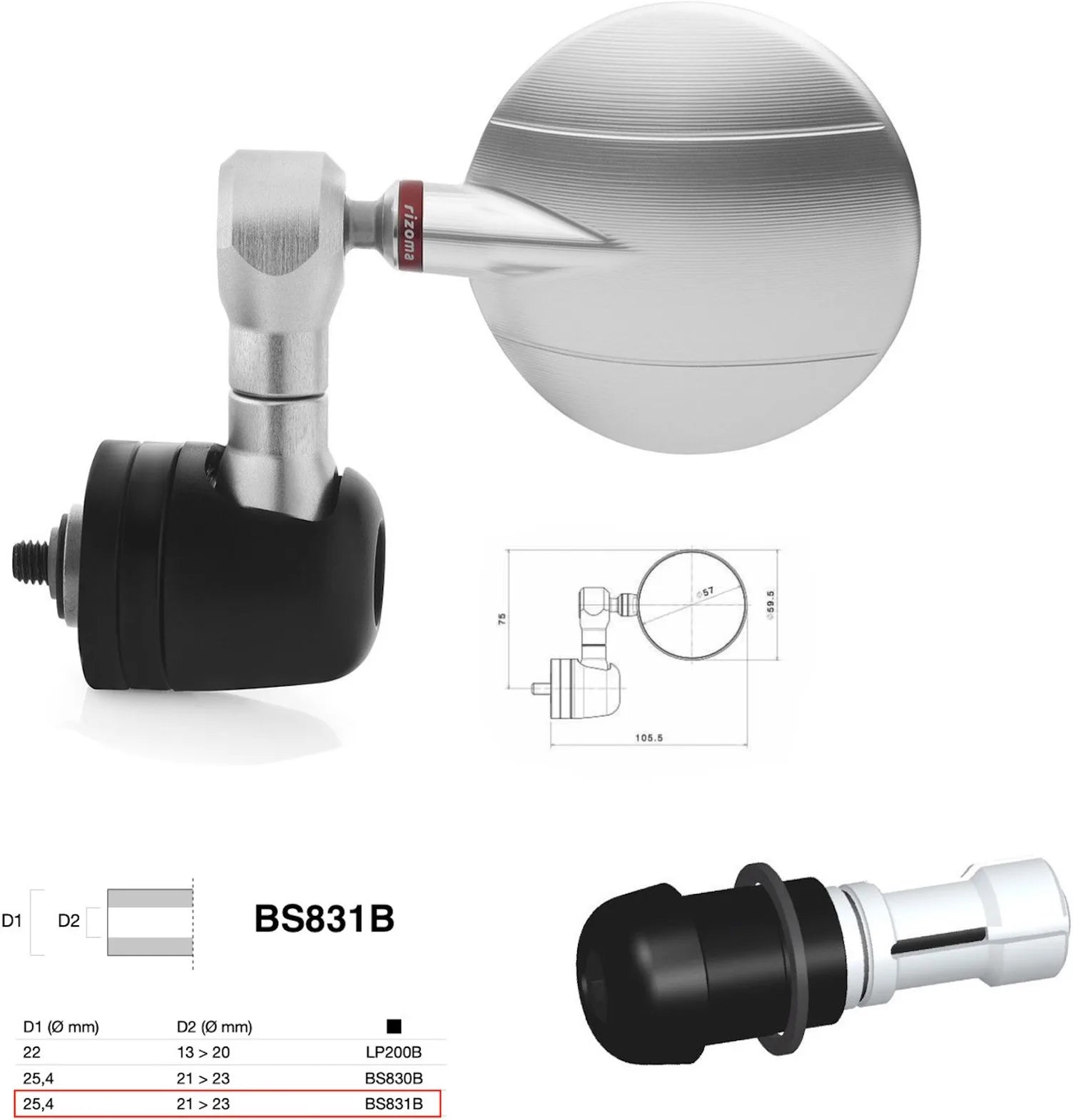 Mirror End Mount Right Universal Ø24,5(21>23) Spy-R Ø57 - Rizoma Compatible With Ktm