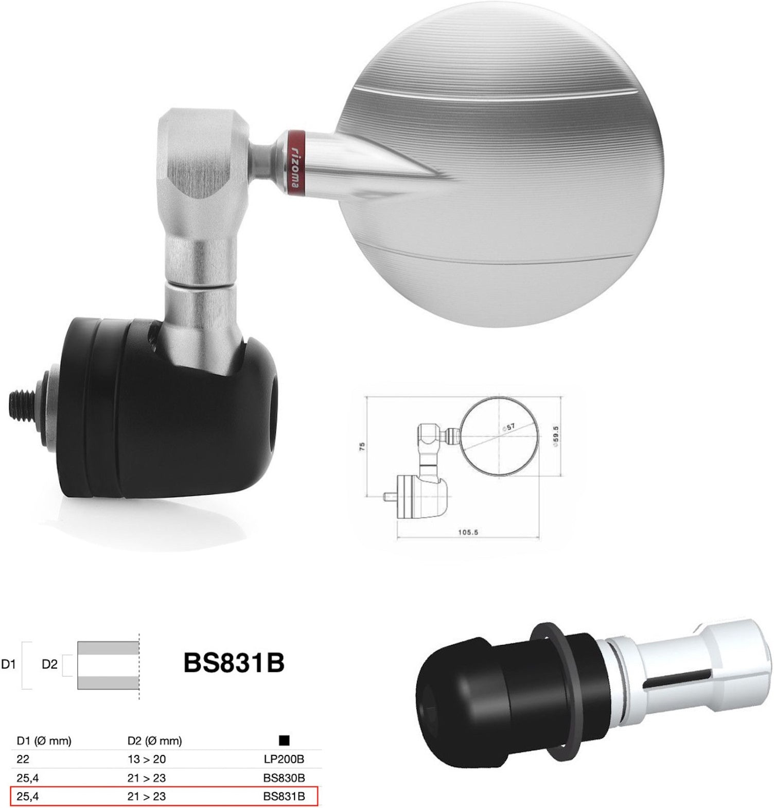 Mirror End Mount Right Universal Ø24,5(21>23) Spy-R Ø57 - Rizoma Compatible With Moto Guzzi
