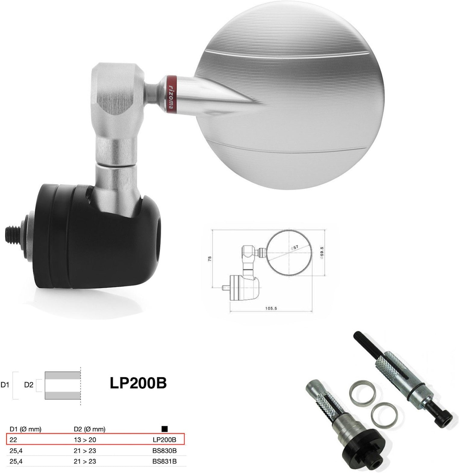 Mirror End Mount Right Universal Ø22(13>20) Spy-R Ø57 - Rizoma Compatible With Aprilia