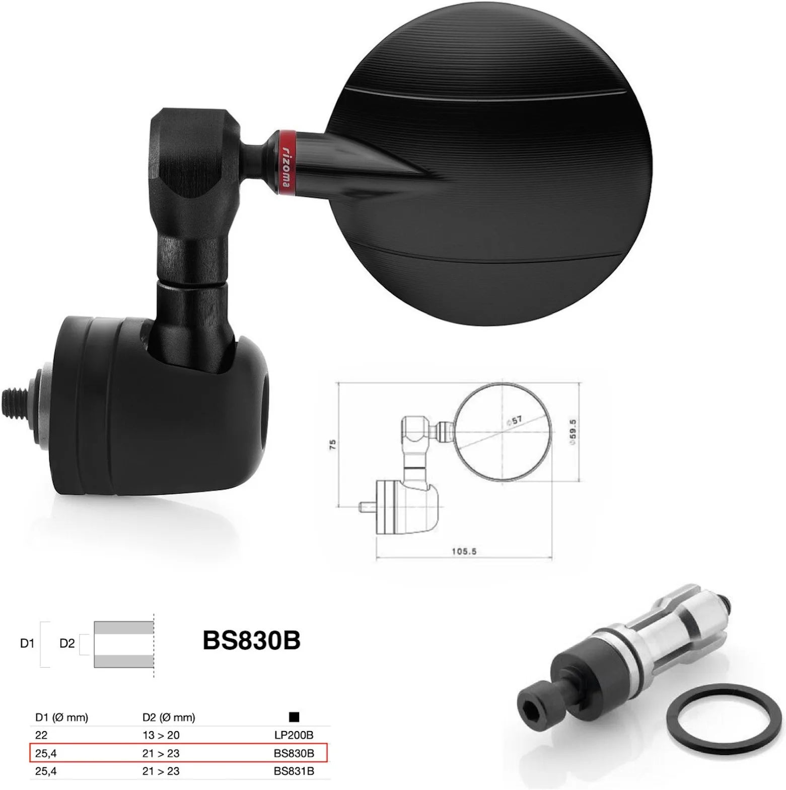 Mirror End Mount Left Universal Ø24,5(21>23) Spy-R Ø57 - Rizoma Compatible With Ktm