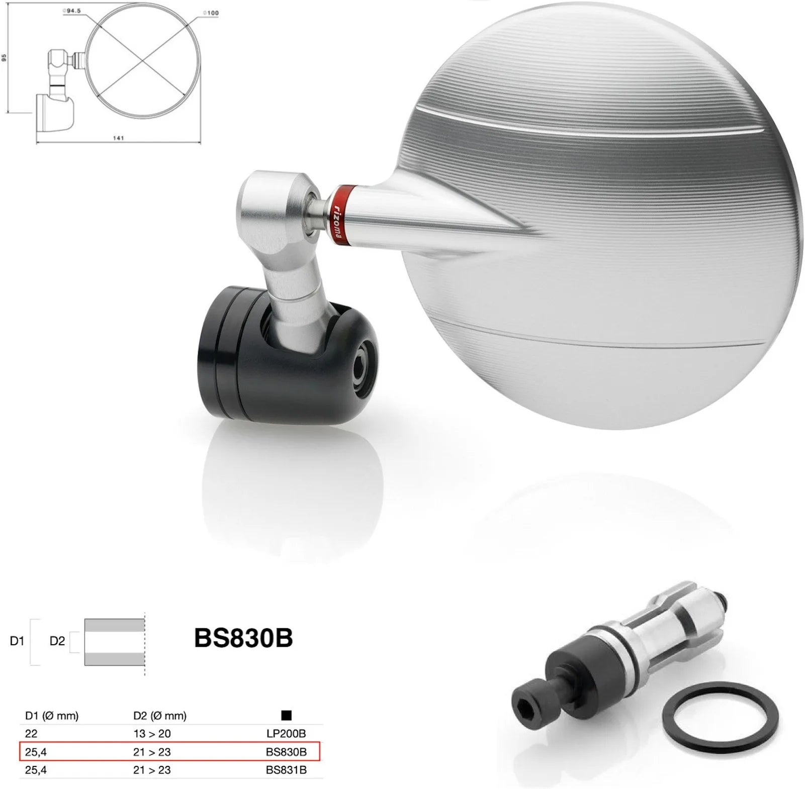 Mirror End Mount Right Universal Ø24,5(21>23) Spy-R Ø94.5 - Rizoma Compatible With Yamaha