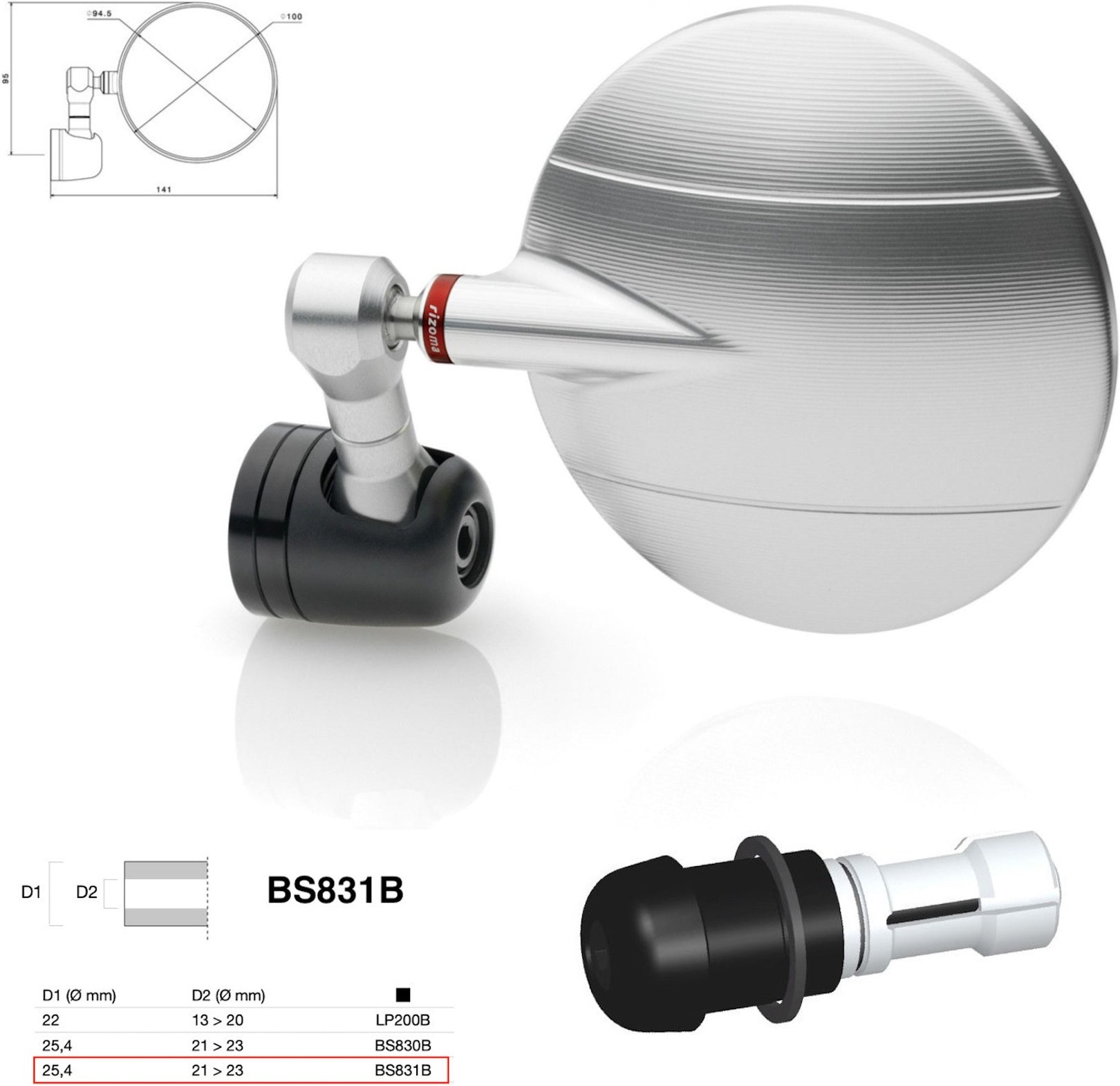 Mirror End Mount Right Universal Ø24,5(21>23) Spy-R Ø94.5 - Rizoma Compatible With Moto Guzzi