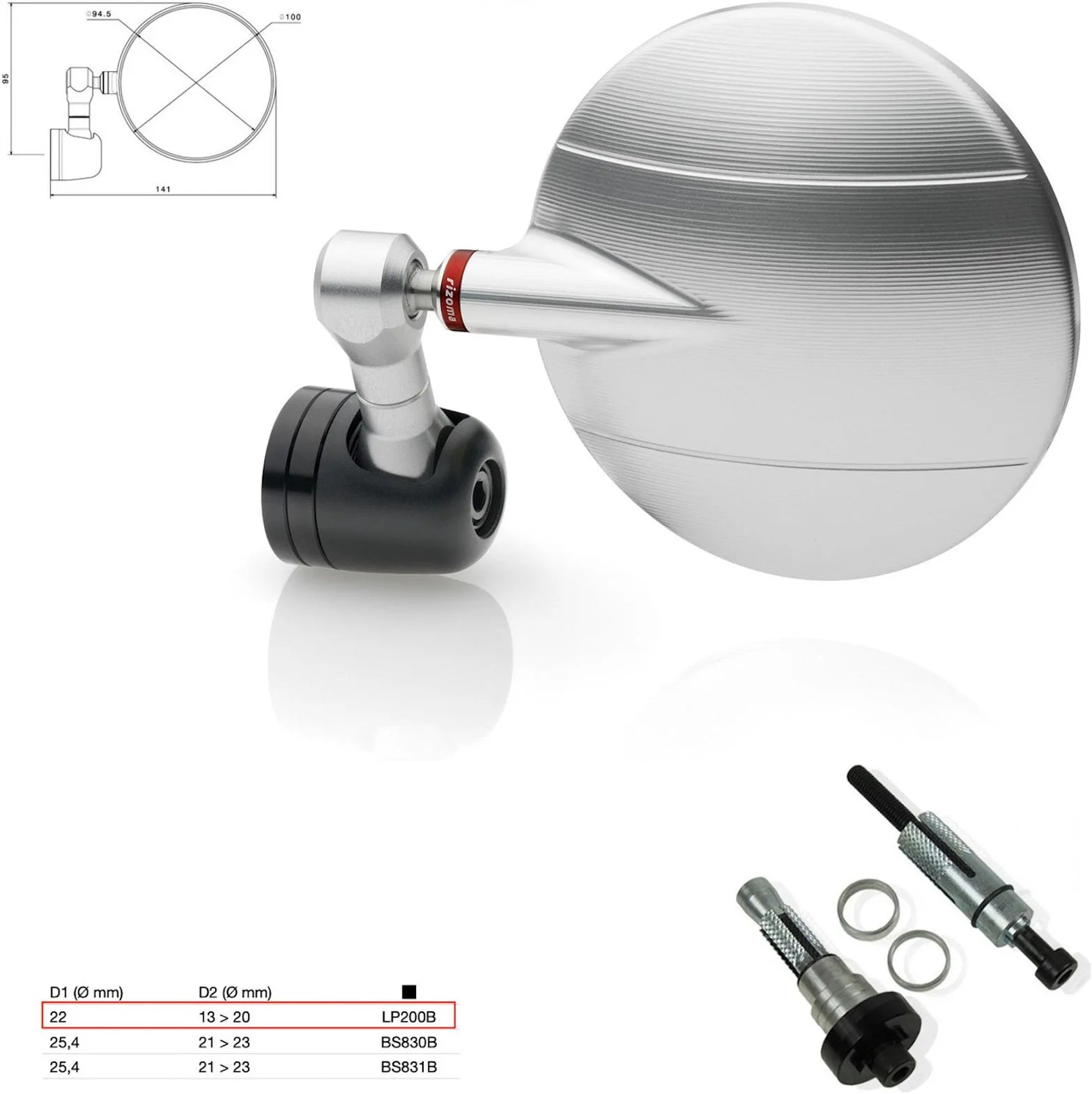Mirror End Mount Right Universal Ø22(13>20) Spy-R Ø94.5 - Rizoma Compatible With Kawasaki