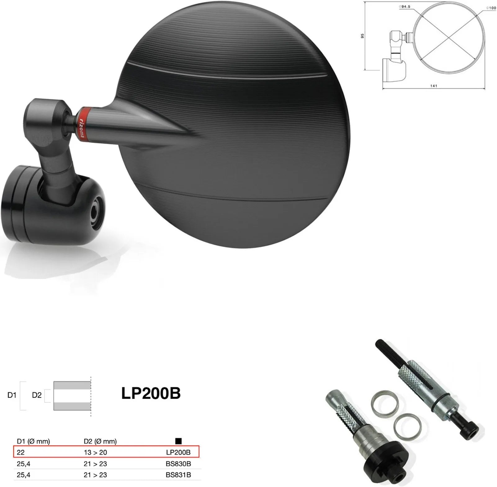 Mirror End Mount Left Universal Ø22(13>20) Spy-R Ø94.5 - Rizoma Compatible With Benelli