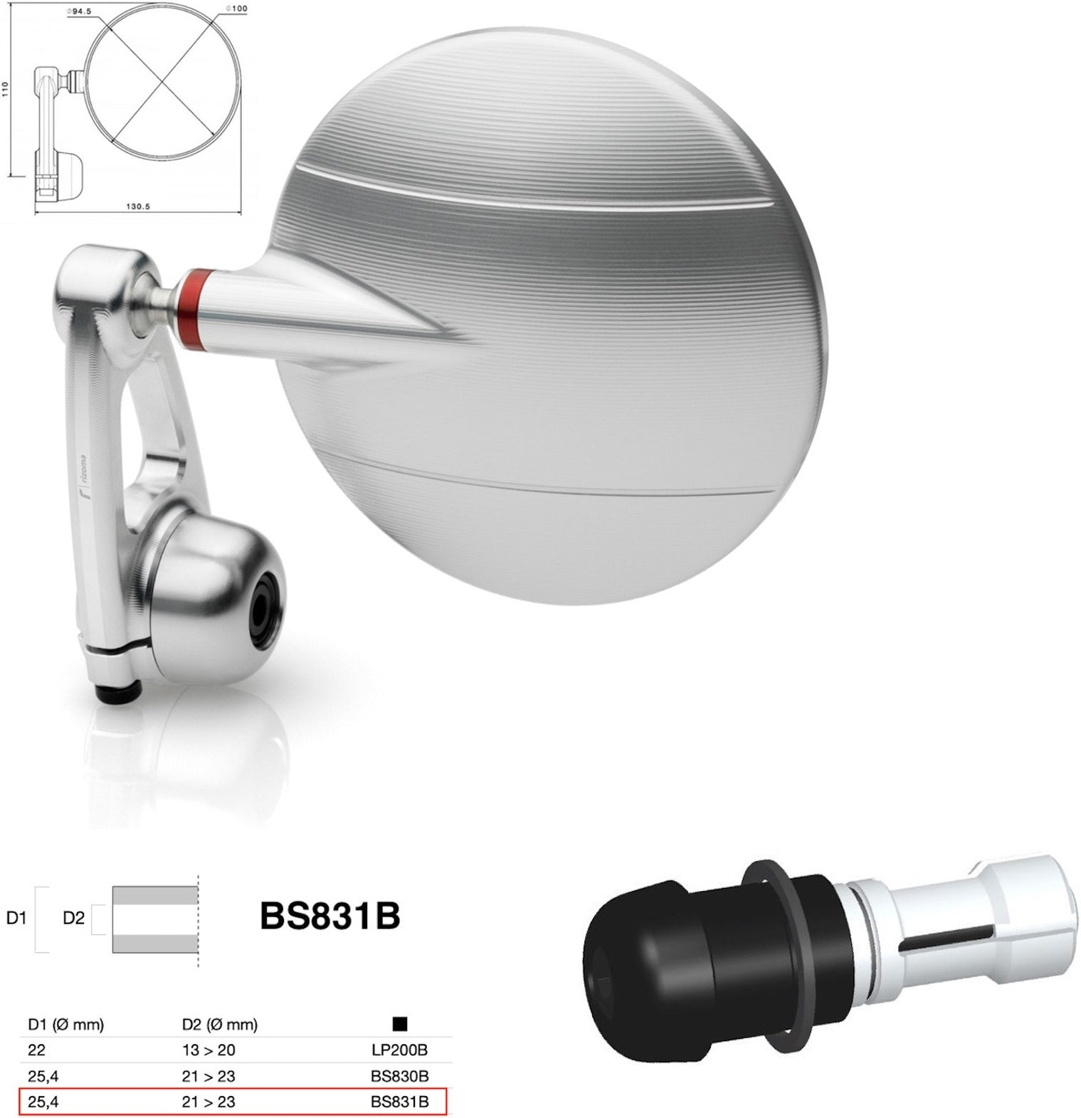 Mirror End Mount Right Universal Ø24,5(21>23) Spy-Arm Ø94.5 - Rizoma Compatible With Aprilia