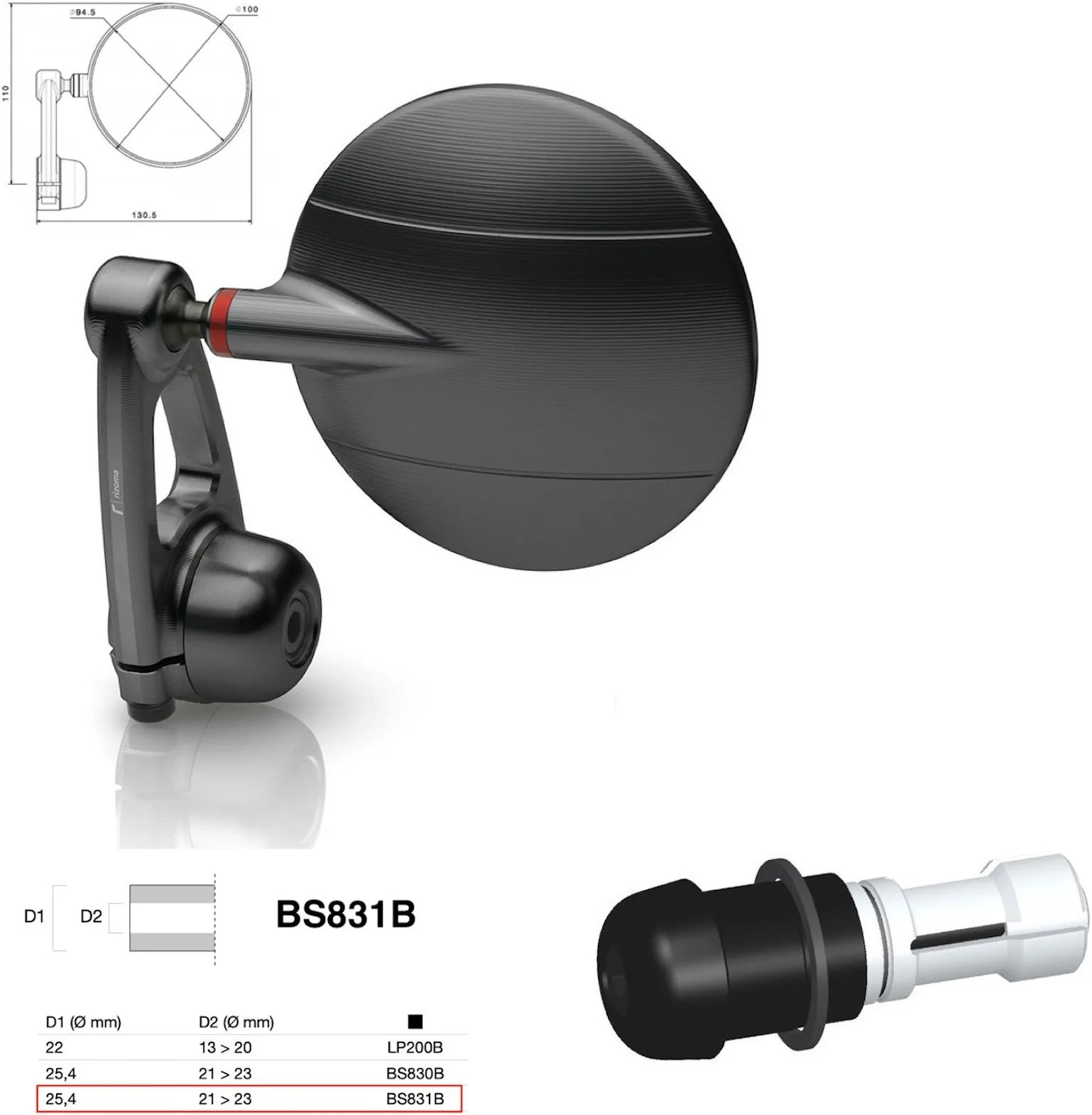Mirror End Mount Left Universal Ø24,5(21>23) Spy-Arm Ø94.5 - Rizoma Compatible With Ktm