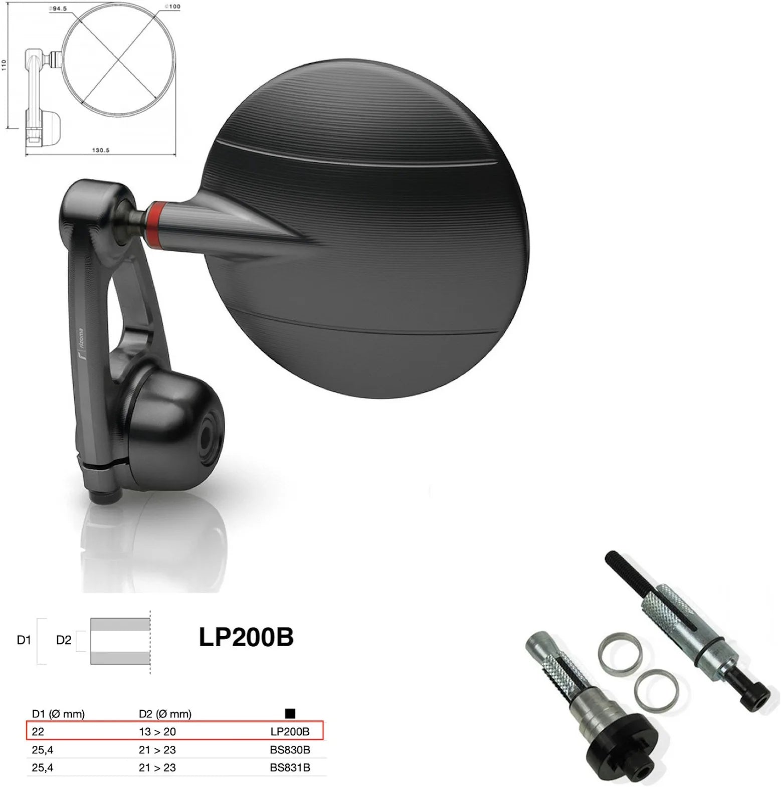 Mirror End Mount Left Universal Ø22(13>20) Spy-Arm Ø94.5 - Rizoma Compatible With Yamaha