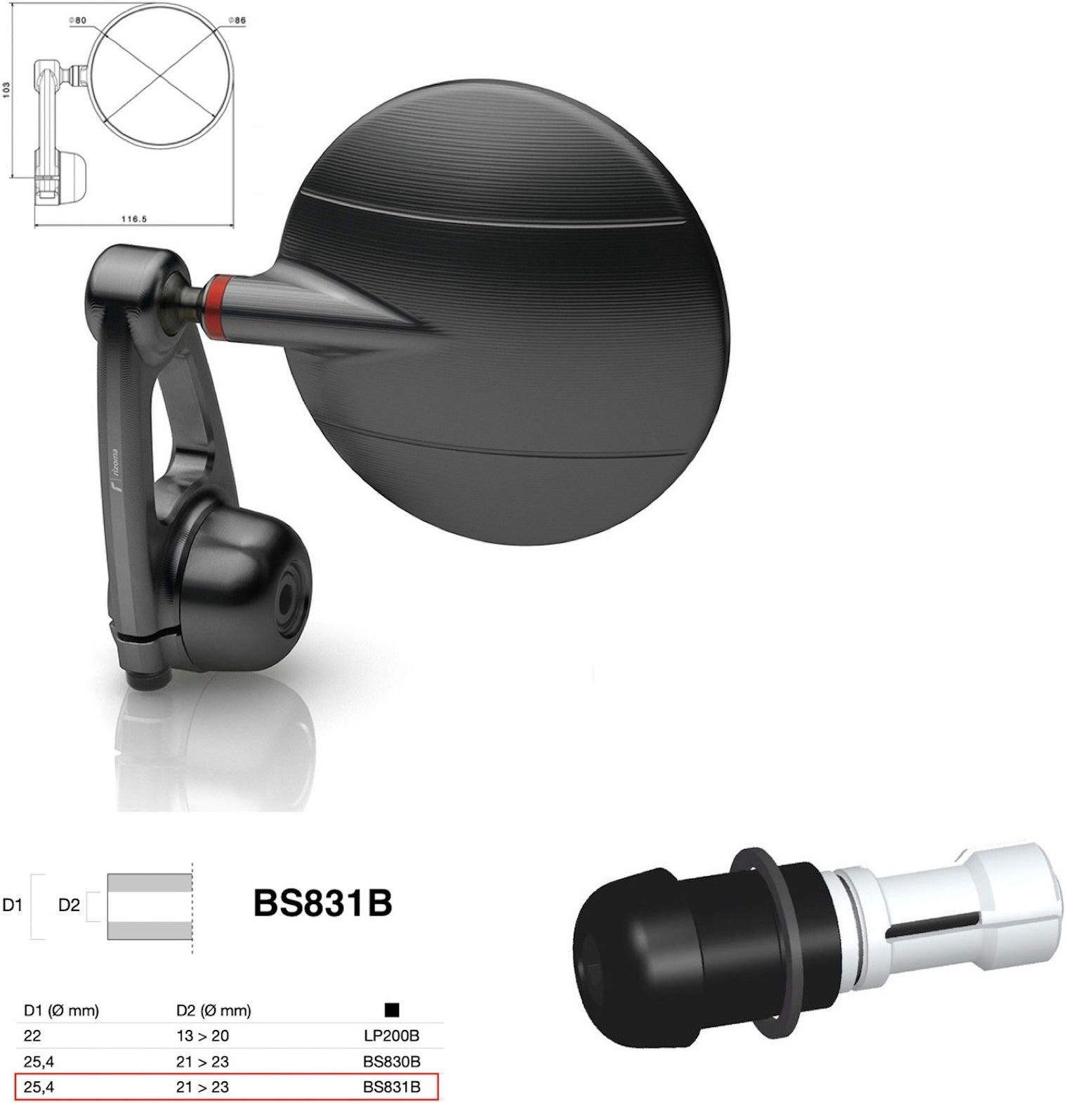 Mirror End Mount Left Universal Ø24,5(21>23) Spy-Arm Ø80 - Rizoma Compatible With Aprilia
