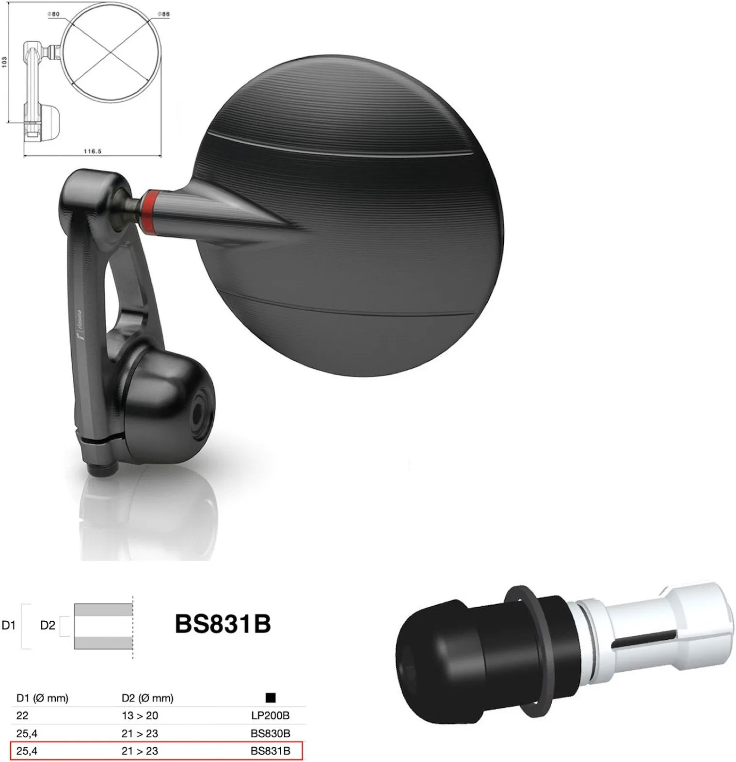 Mirror End Mount Right Universal Ø24,5(21>23) Spy-Arm Ø80 - Rizoma Compatible With Ktm