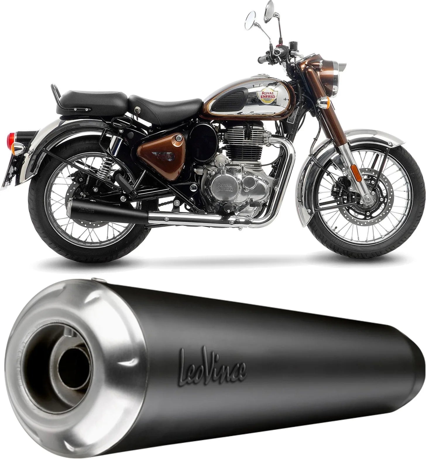 Exhaust Tip With Noise Certification Classic Racer Steel Black Stainless Steel End Cap - Leovince Compatible With Royal Enfield Meteor 350 (2021-2024)