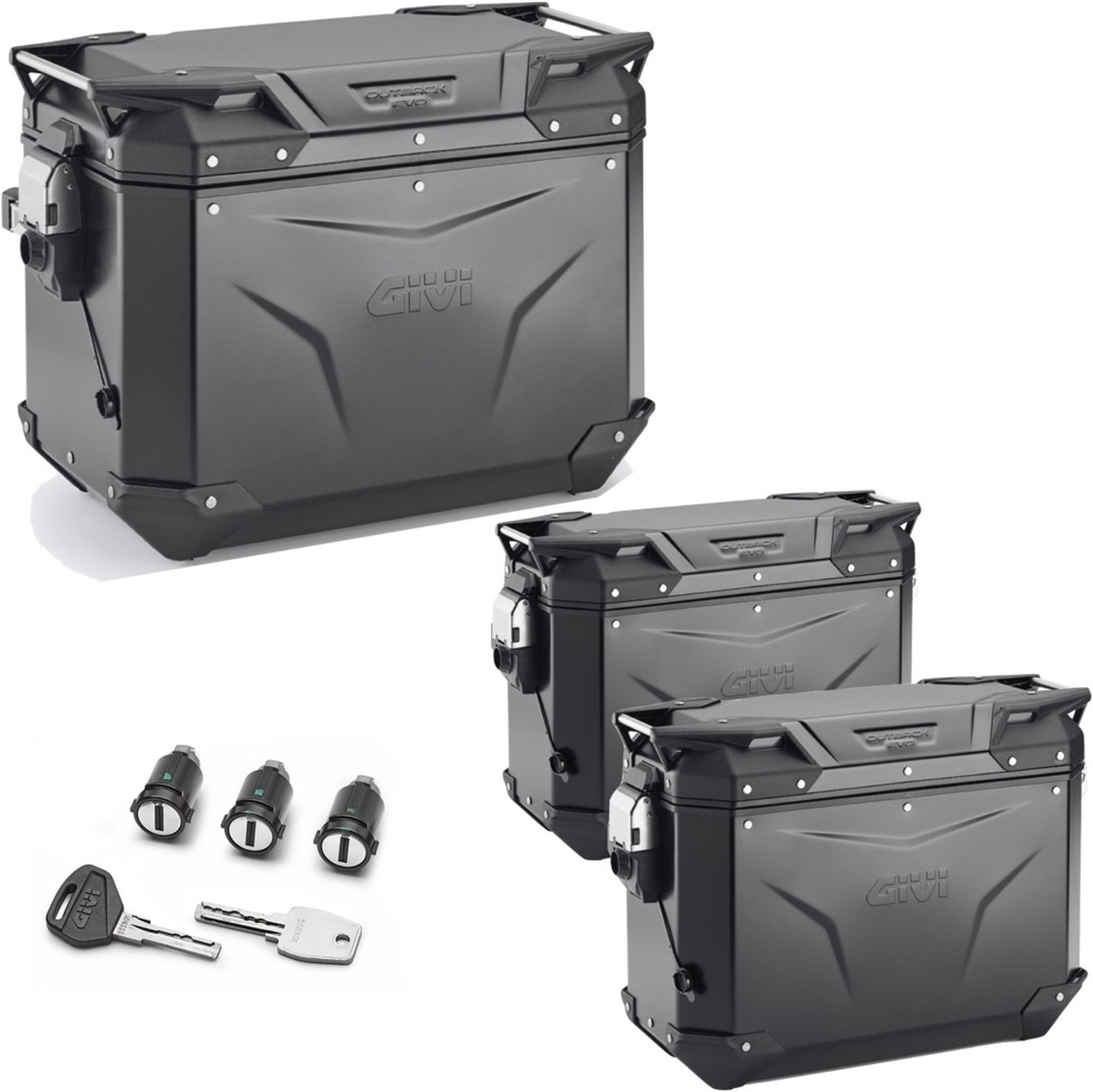 Trekker Outback Evo Smart Aluminium Black Top Case + Side Cases - 116 Lt Trekker Outback Evo Smart Aluminium - Givi Compatible With Triumph Tiger 660 Sport (2022-2024)