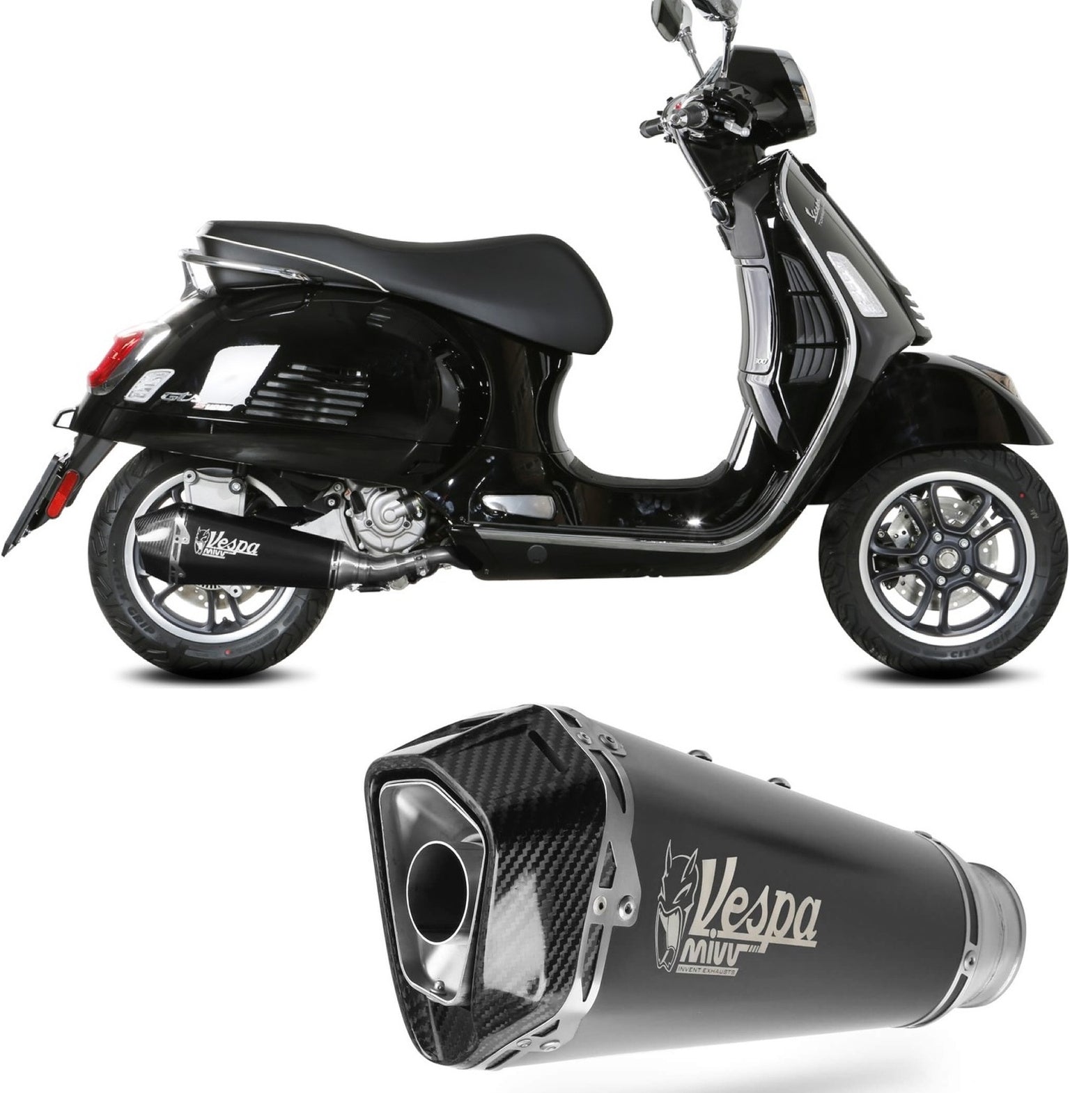 Non-Catalytic Exhaust Tip With Sound Certification Delta Race Steel Black Carbon - Mivv Compatible With Piaggio Vespa Gtv 300 (2023-2024)